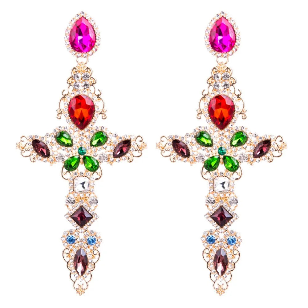 Baroque Big Cross Earrings For Women Large Dangle Earings Female Rhinestone Gold Color Jewelry Luxury Trendy Jewelery Wholesale