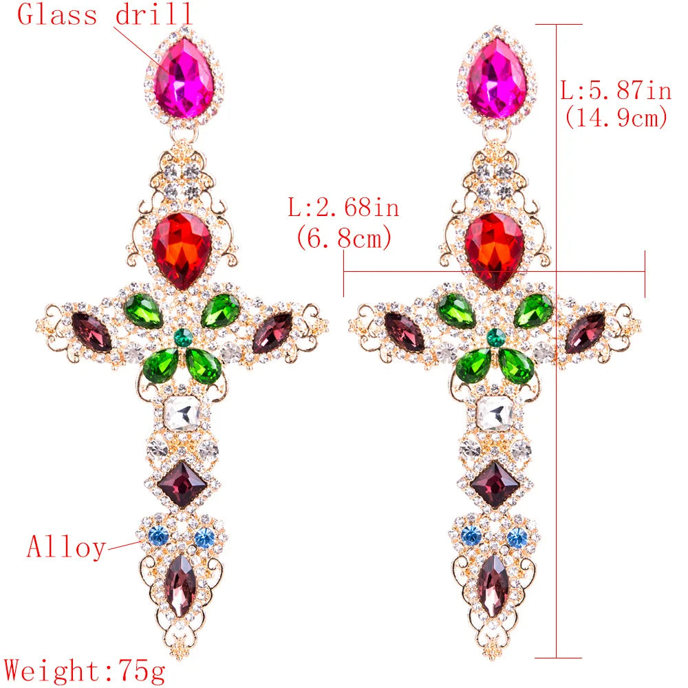 Baroque Big Cross Earrings For Women Large Dangle Earings Female Rhinestone Gold Color Jewelry Luxury Trendy Jewelery Wholesale