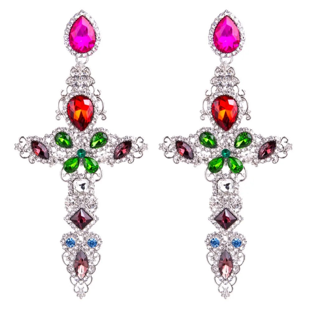 Baroque Big Cross Earrings For Women Large Dangle Earings Female Rhinestone Gold Color Jewelry Luxury Trendy Jewelery Wholesale