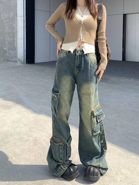 Autumn Winter New Ladies Cargo Jeans American Street Style Baggy Cargo Pants Women Blue Multi-Pocket Wide Leg Jeans for Women